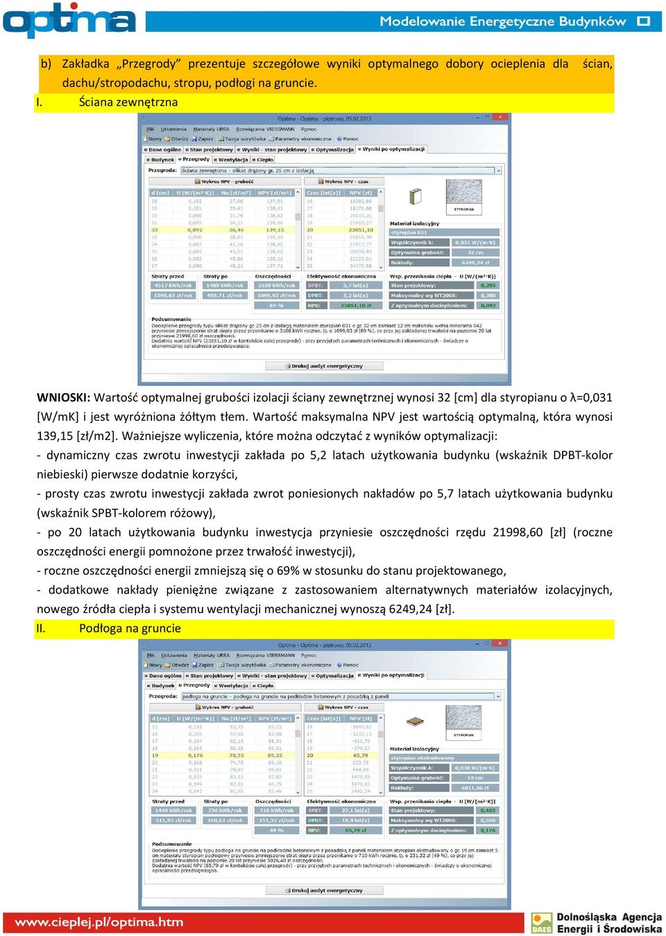 Wartość maksymalna NPV jest wartością optymalną, która wynosi 139,15 [zł/m2].