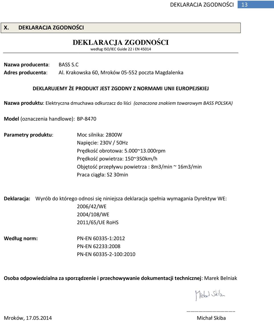 POLSKA) Model (oznaczenia handlowe): BP-8470 Parametry produktu: Moc silnika: 2800W Napięcie: 230V / 50Hz Prędkość obrotowa: 5.000~13.