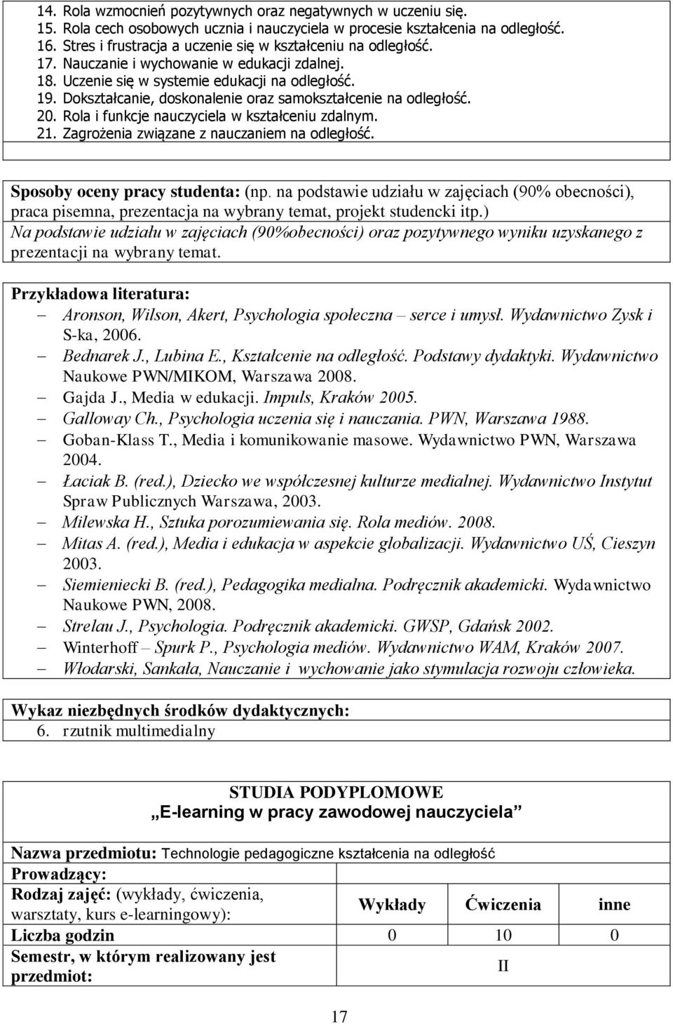 Dokształcanie, doskonalenie oraz samokształcenie na odległość. 20. Rola i funkcje nauczyciela w kształceniu zdalnym. 21. Zagrożenia związane z nauczaniem na odległość.