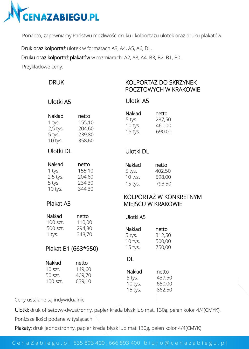 110,00 500 szt. 294,80 1 tys. 348,70 Plakat B1 (663*950) 10 szt. 149,60 50 szt. 469,70 100 szt. 639,10 KOLPORTAŻ DO SKRZYNEK POCZTOWYCH W KRAKOWIE Ulotki A5 5 tys. 287,50 10 tys. 460,00 15 tys.