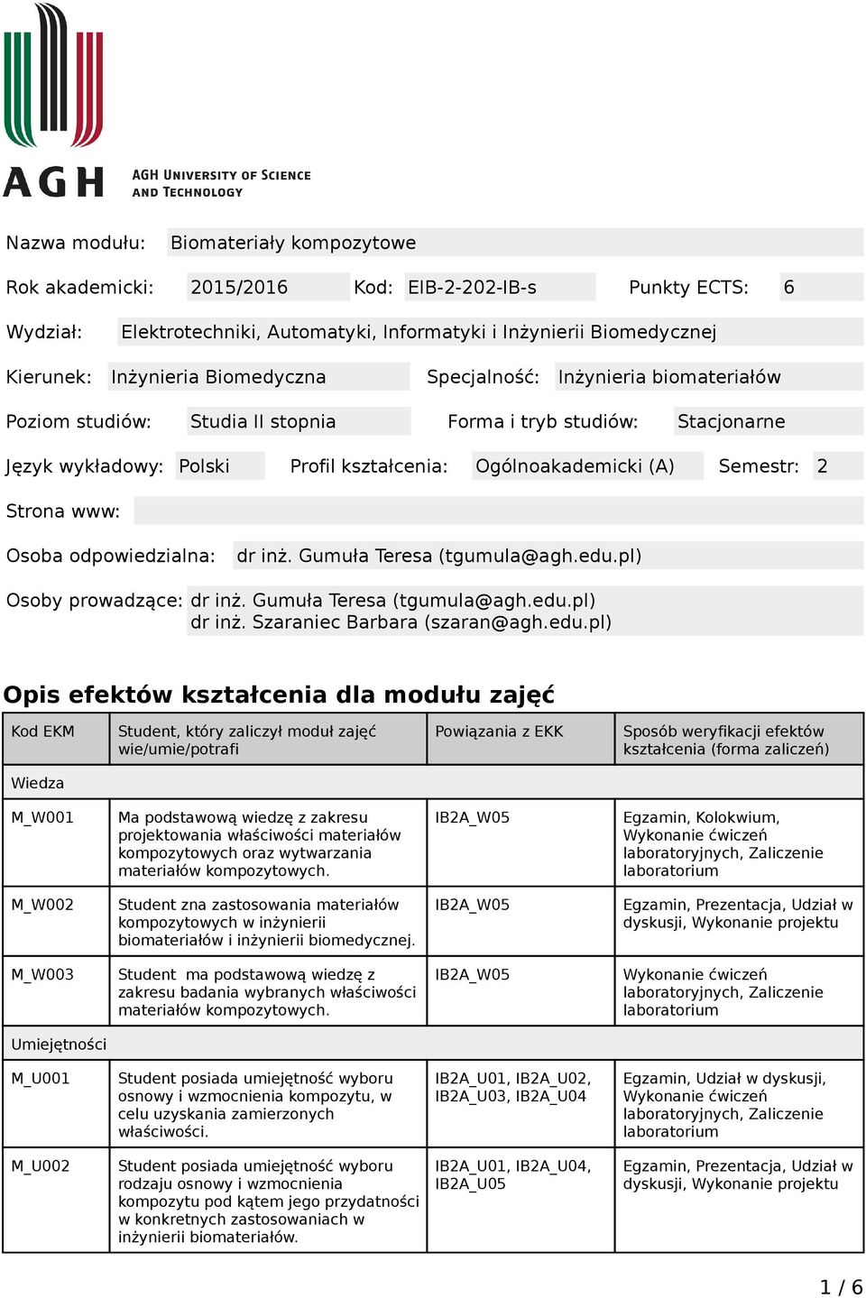 Strona www: Osoba odpowiedzialna: dr inż. Gumuła Teresa (tgumula@agh.edu.