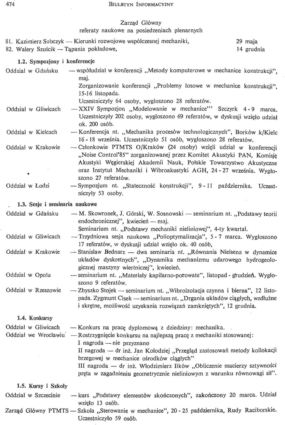 Sesje i seminaria naukowe Oddział w Gdań sku Oddział w Gliwicach Oddział w Krakowie Oddział w Opolu Oddział w Rzeszowie 1.4. Konkursy Oddział w Gliwicach Oddział we Wrocławiu' 1.5.