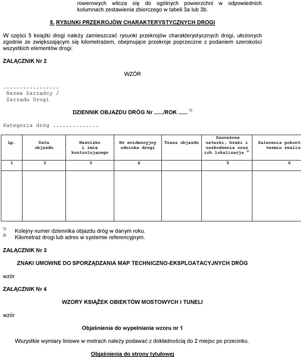 przekroje poprzeczne z podaniem szerokości wszystkich elementów drogi. ZAŁĄCZNIK Nr 2... Nazwa Zarządcy / Zarządu Drogi Kategoria dróg... WZÓR DZIENNIK OBJAZDU DRÓG Nr.../ROK... 1) Lp.