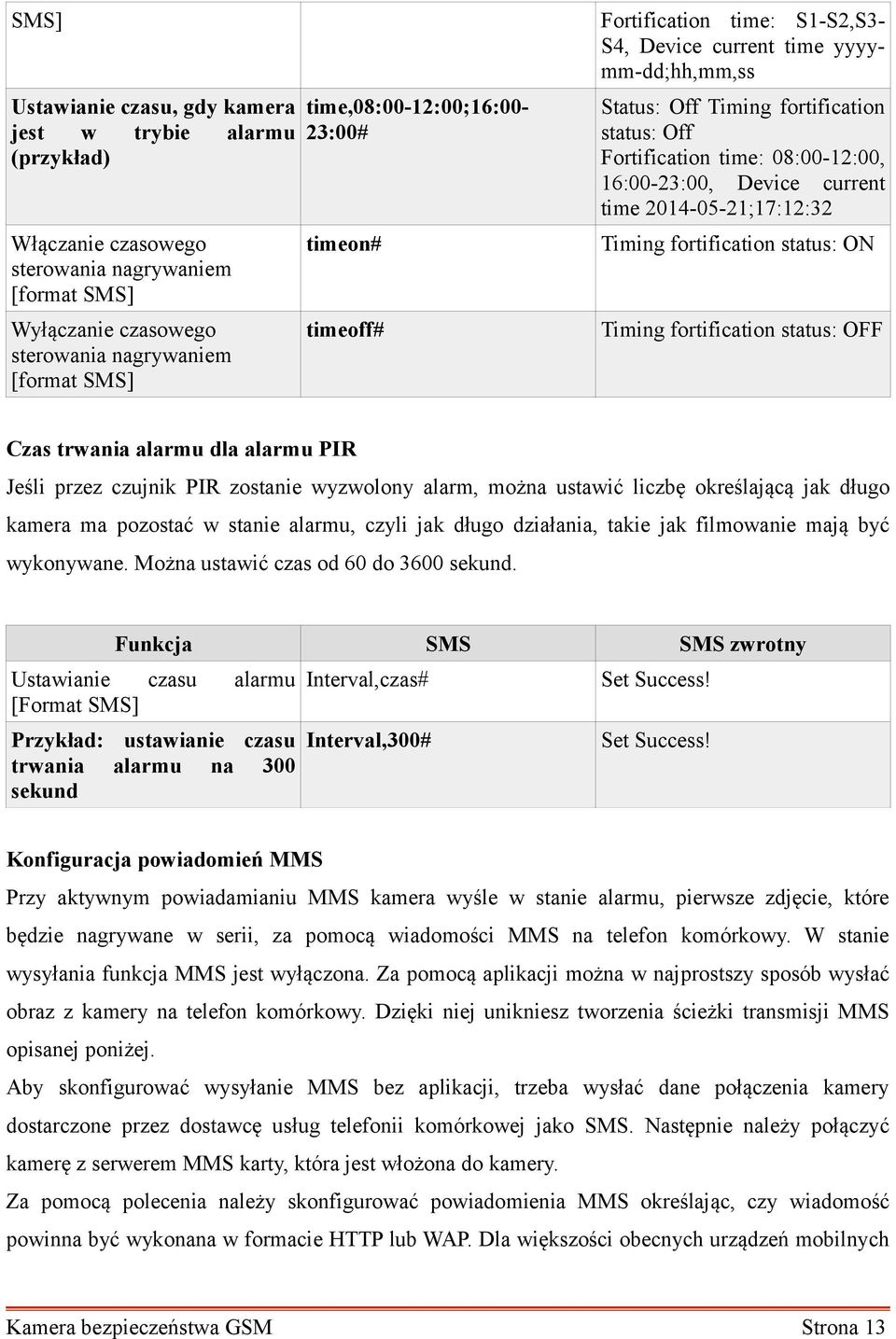 current time 2014-05-21;17:12:32 Timing fortification status: ON Timing fortification status: OFF Czas trwania alarmu dla alarmu PIR Jeśli przez czujnik PIR zostanie wyzwolony alarm, można ustawić