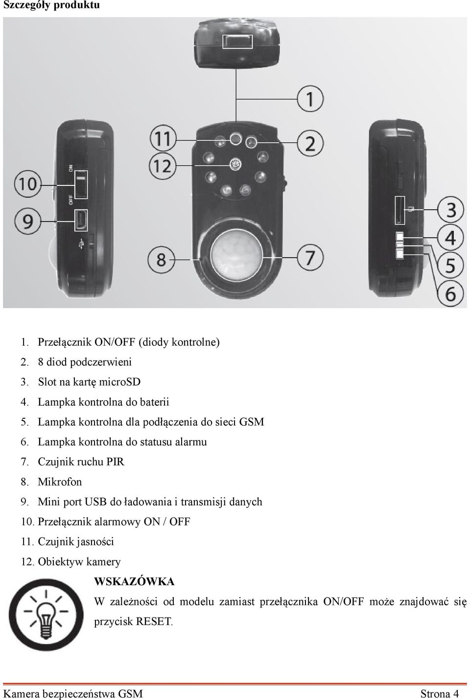 Czujnik ruchu PIR 8. Mikrofon 9. Mini port USB do ładowania i transmisji danych 10. Przełącznik alarmowy ON / OFF 11.
