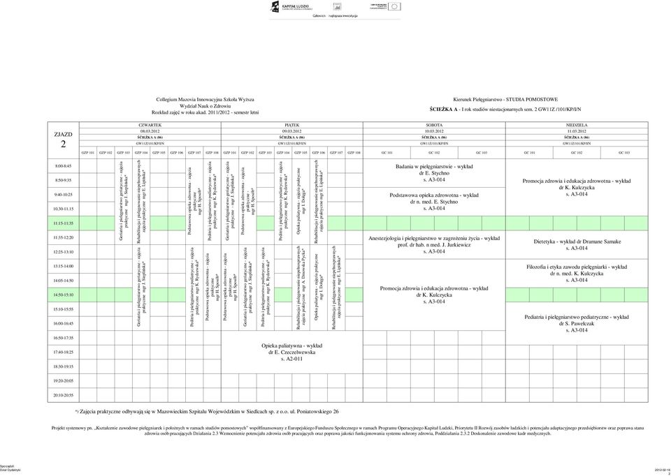 Lipińska* Filozofia i etyka zawodu pielęgniarki - wykład dr n. med. K. Kulczycka pediatryczne - wykład dr S. Pawełczak * * zajęcia mgr E.