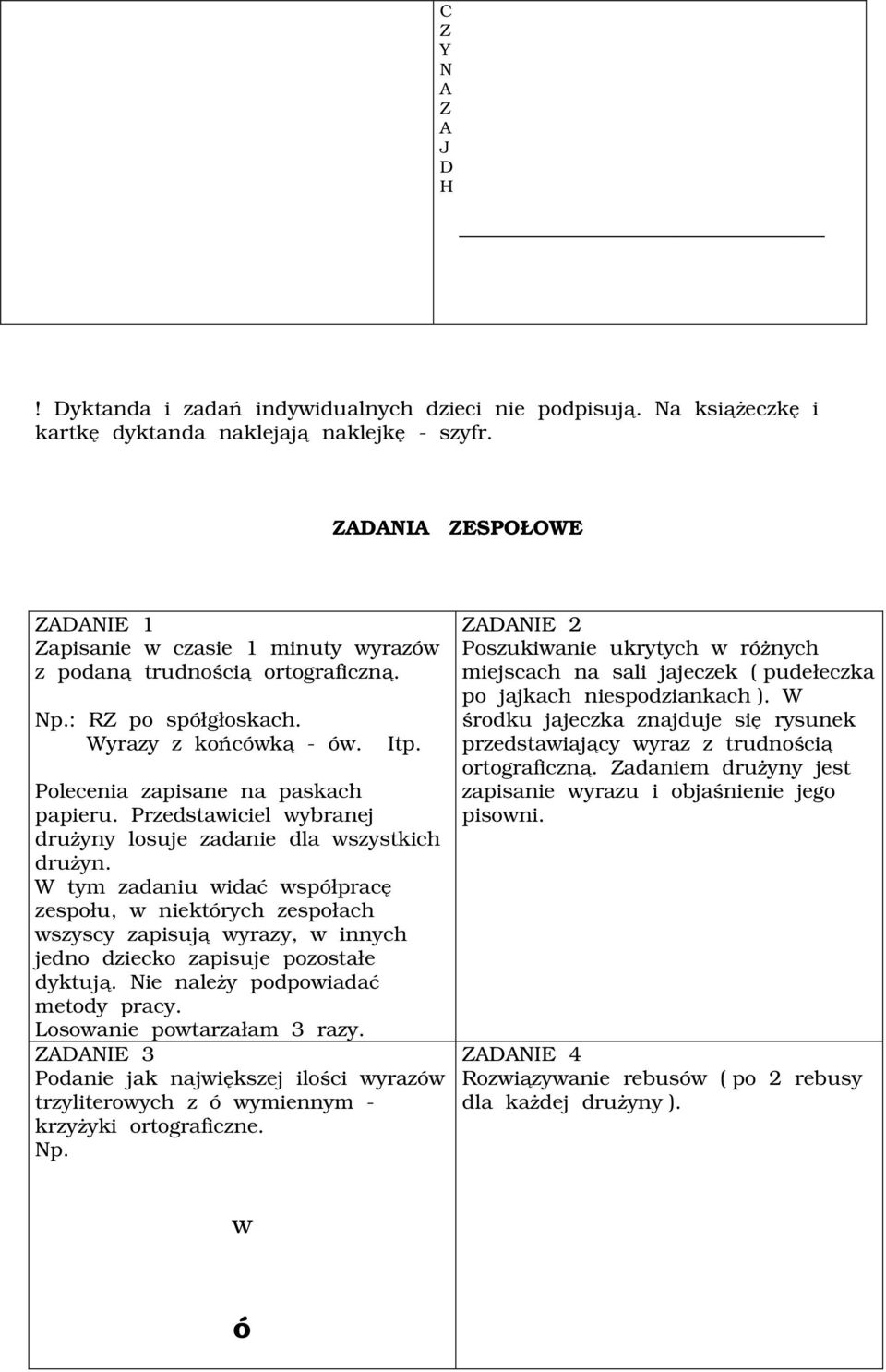 W tym zadaniu widać współpracę zespołu, w niektórych zespołach wszyscy zapisują wyrazy, w innych jedno dziecko zapisuje pozostałe dyktują. ie należy podpowiadać metody pracy.