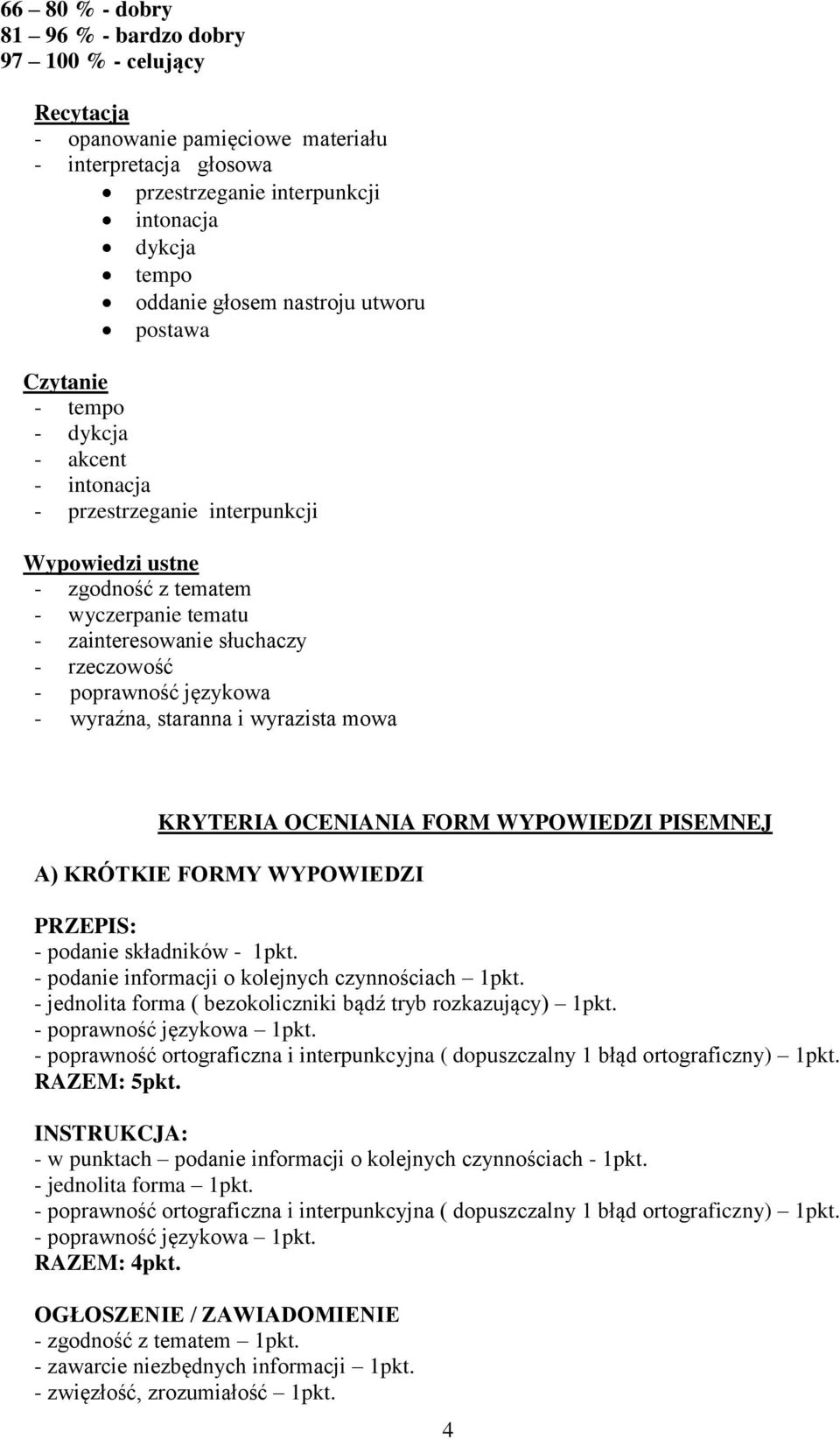 rzeczowość - poprawność językowa - wyraźna, staranna i wyrazista mowa KRYTERIA OCENIANIA FORM WYPOWIEDZI PISEMNEJ A) KRÓTKIE FORMY WYPOWIEDZI PRZEPIS: - podanie składników - 1pkt.