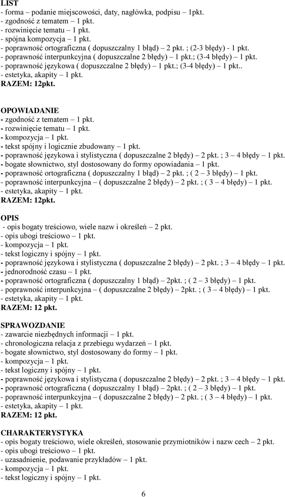 - poprawność językowa ( dopuszczalne 2 błędy) 1 pkt.; (3-4 błędy) 1 pkt.. RAZEM: 12pkt. OPOWIADANIE - zgodność z tematem 1 pkt. - rozwinięcie tematu 1 pkt. - tekst spójny i logicznie zbudowany 1 pkt.