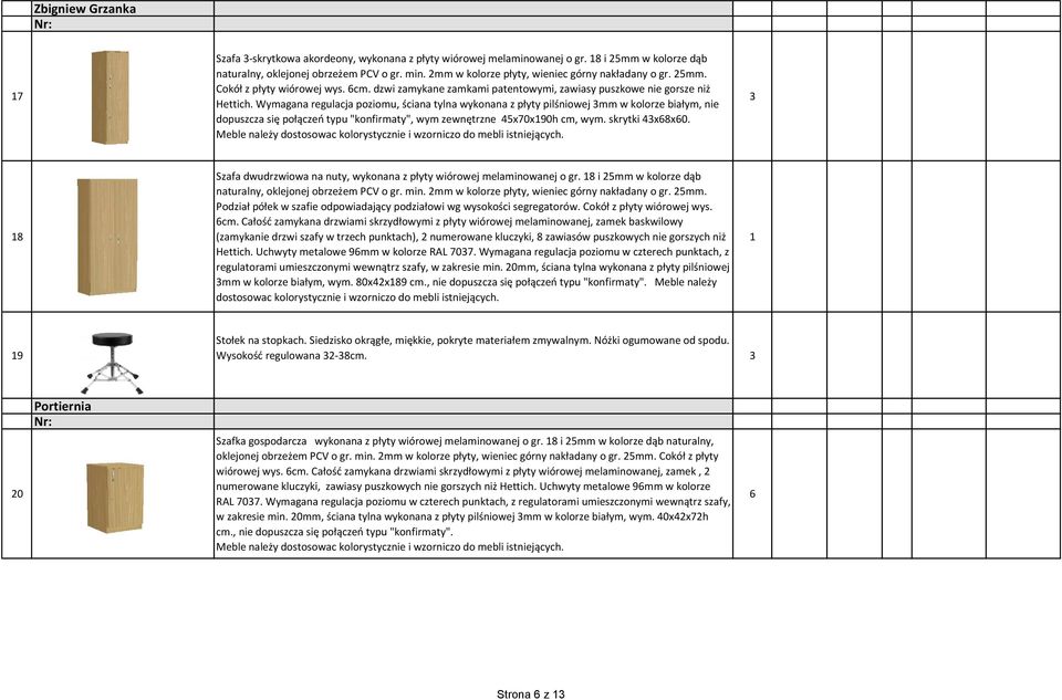 Wymagana regulacja poziomu, ściana tylna wykonana z płyty pilśniowej 3mm w kolorze białym, nie dopuszcza się połączeń typu "konfirmaty", wym zewnętrzne 45x70x90h cm, wym. skrytki 43x68x60.