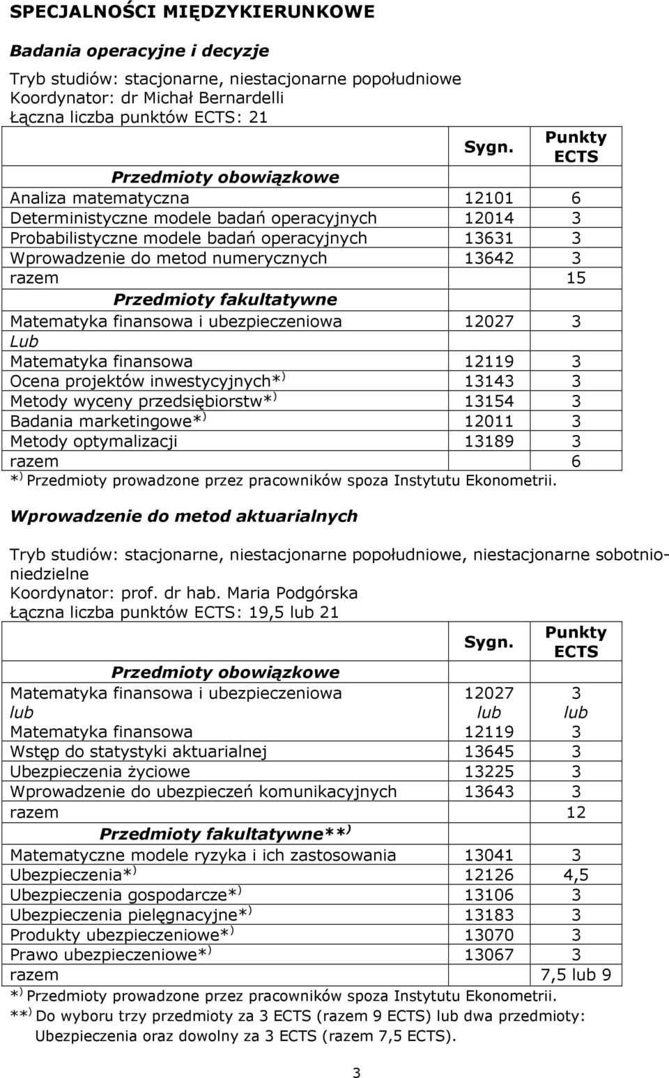 Przedmioty fakultatywne Matematyka finansowa i ubezpieczeniowa 12027 3 Lub Matematyka finansowa 12119 3 Ocena projektów inwestycyjnych* ) 13143 3 Metody wyceny przedsiębiorstw* ) 13154 3 Badania