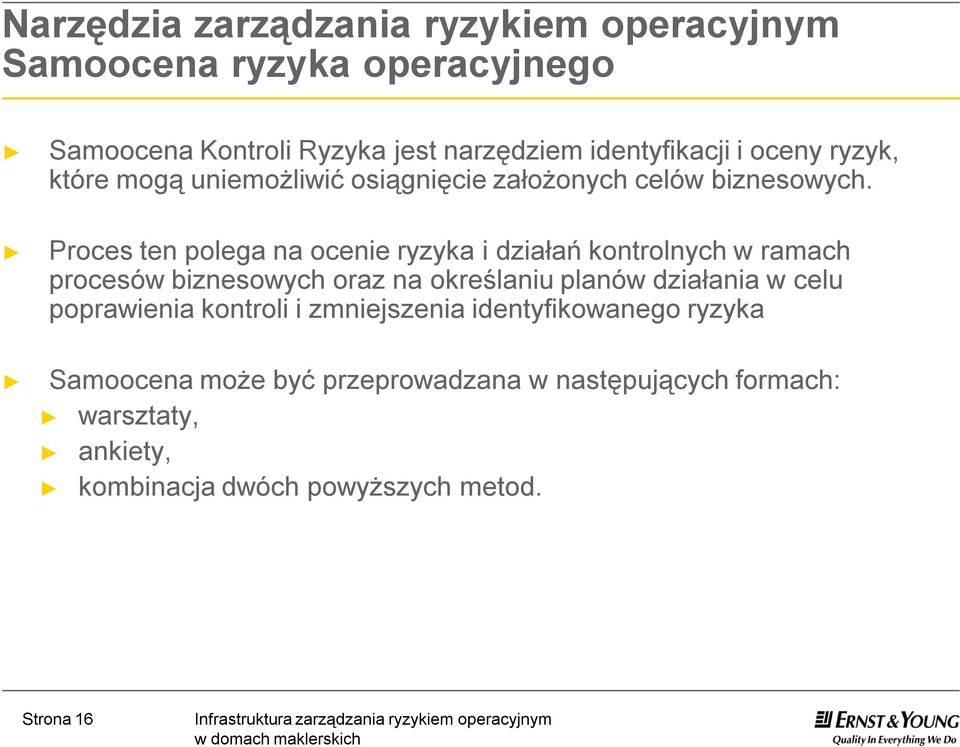 Proces ten polega na ocenie ryzyka i działań kontrolnych w ramach procesów biznesowych oraz na określaniu planów działania w celu poprawienia