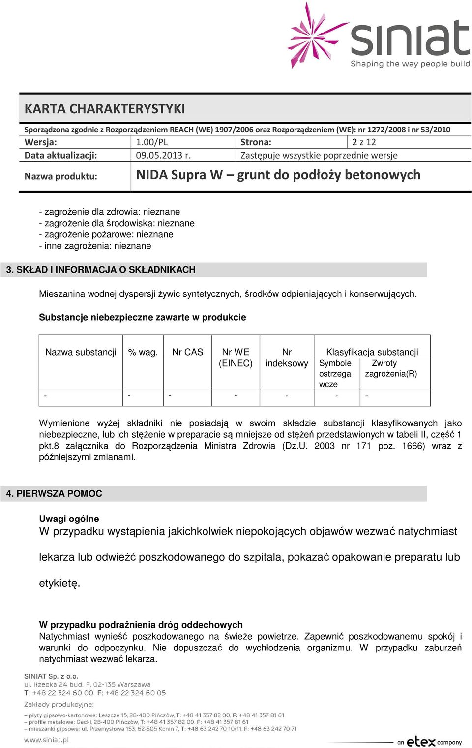 Nr CAS Nr WE (EINEC) Nr indeksowy Symbole ostrzega wcze - - - - - - - Klasyfikacja substancji Zwroty zagrożenia(r) Wymienione wyżej składniki nie posiadają w swoim składzie substancji klasyfikowanych