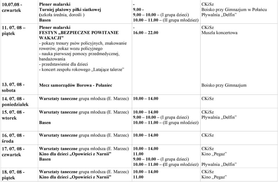 przedmedycznej, bandażowania przedstawienie dla dzieci koncert zespołu rokowego Latające talerze 16.00 22.00 Muszla koncertowa 13. 07.