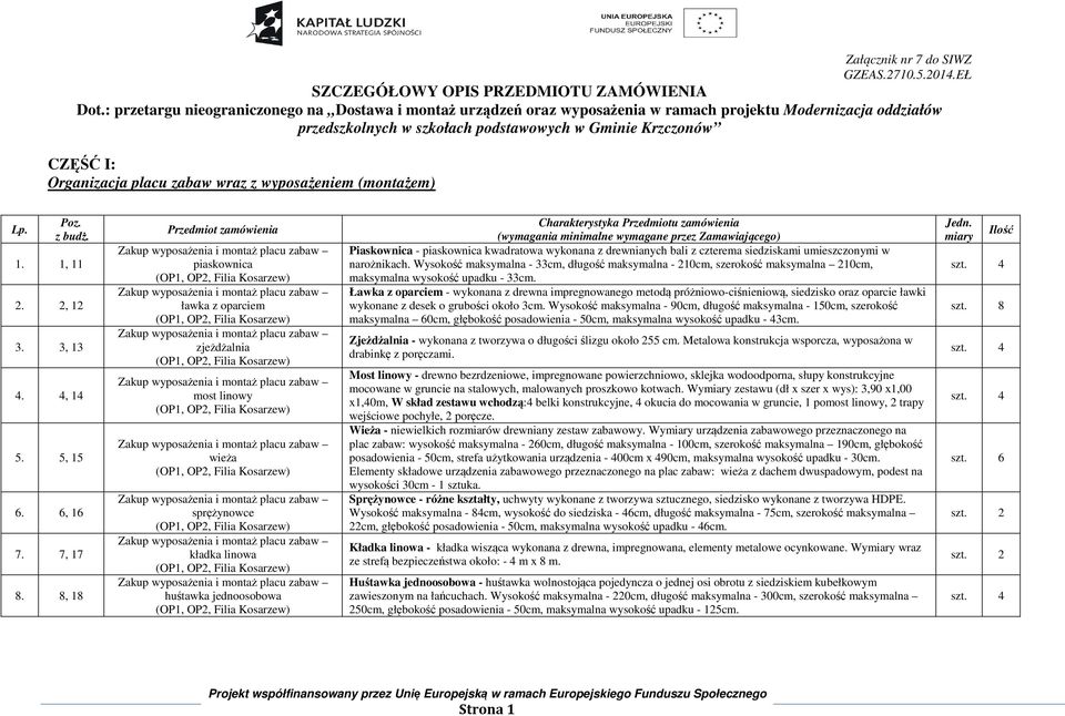 placu zabaw wraz z wyposażeniem (montażem) Lp. Poz. z budż. 1. 1, 11 2. 2, 12 3. 3, 13 4. 4, 14 5. 5, 15 6. 6, 16 7. 7, 17 8.