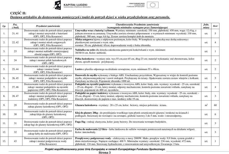 43 Przedmiot zamówienia zakup i montaż umywalek z bateriami zakup i montaż misek ustępowych zakup i montaż nakładki zmniejszającej obwód ustępu (OP1, OP2) zakup i montaż półek łazienkowych (OP1, OP2)