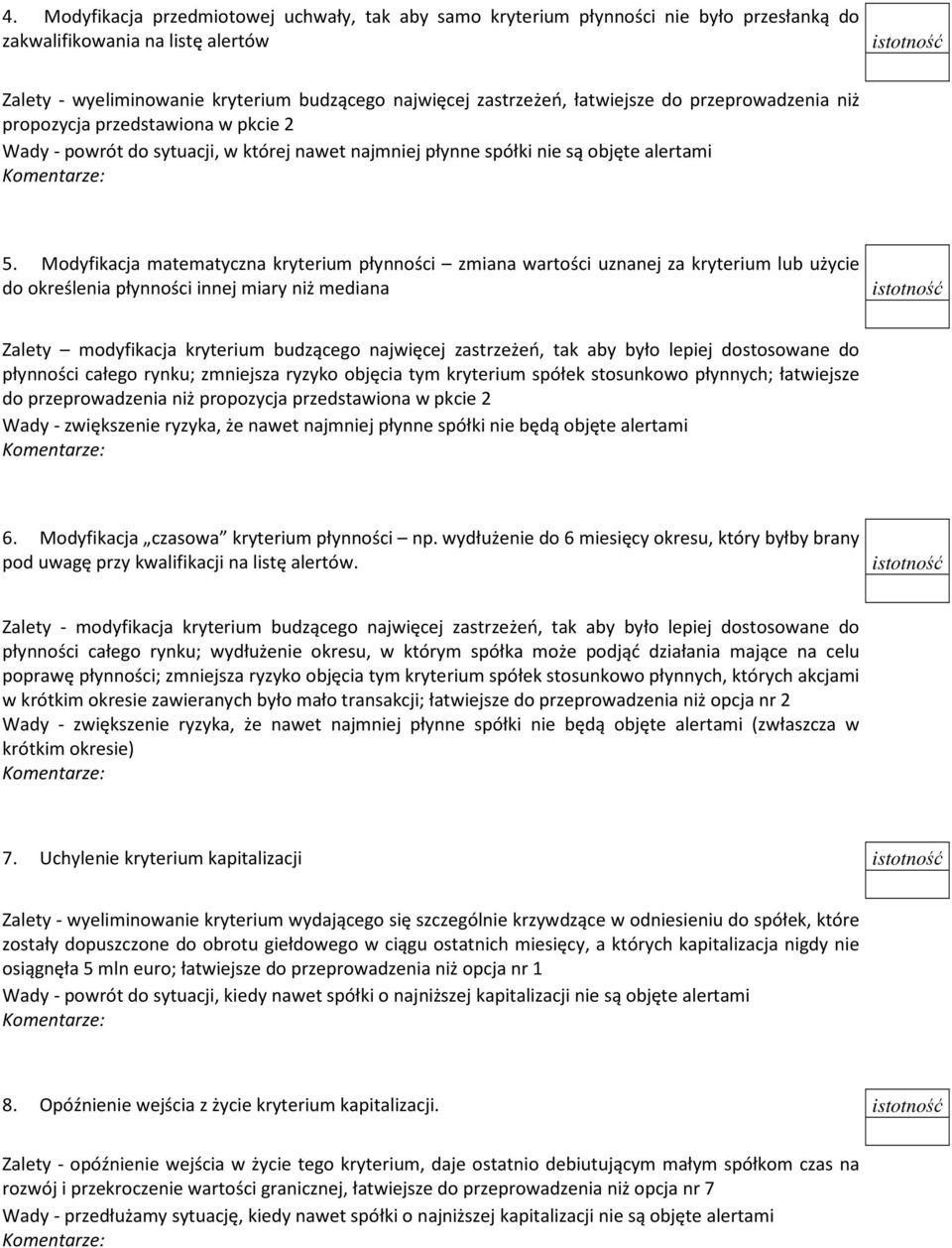 Modyfikacja matematyczna kryterium płynności zmiana wartości uznanej za kryterium lub użycie do określenia płynności innej miary niż mediana istotność Zalety modyfikacja kryterium budzącego najwięcej