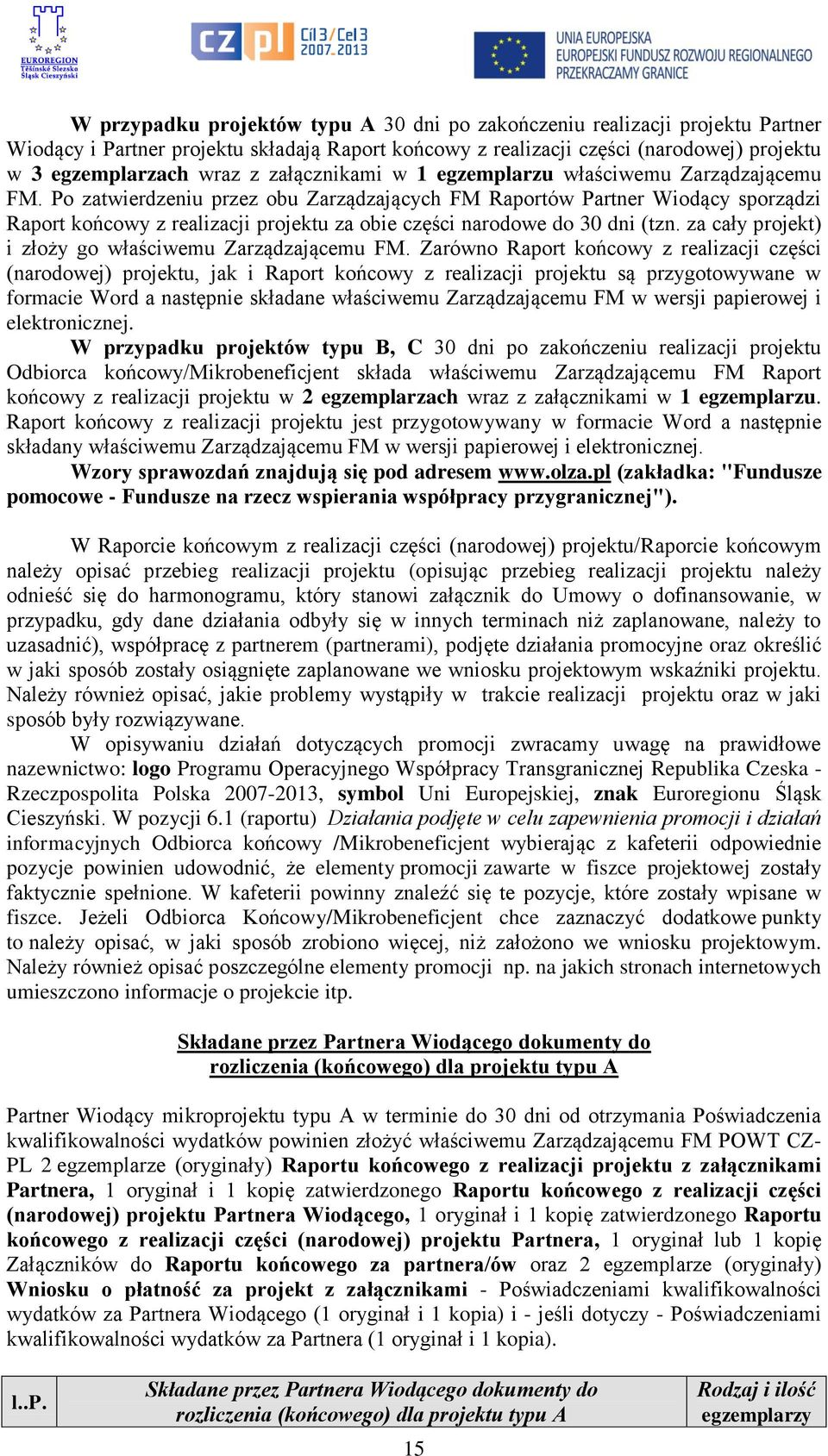 Po zatwierdzeniu przez obu Zarządzających FM Raportów Partner Wiodący sporządzi Raport końcowy z realizacji projektu za obie części narodowe do 30 dni (tzn.