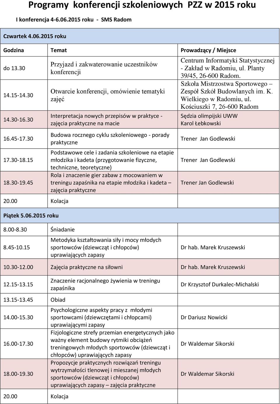 2015 roku Przyjazd i zakwaterowanie uczestników konferencji Otwarcie konferencji, omówienie tematyki zajęć Interpretacja nowych przepisów w praktyce - zajęcia praktyczne na macie Budowa rocznego