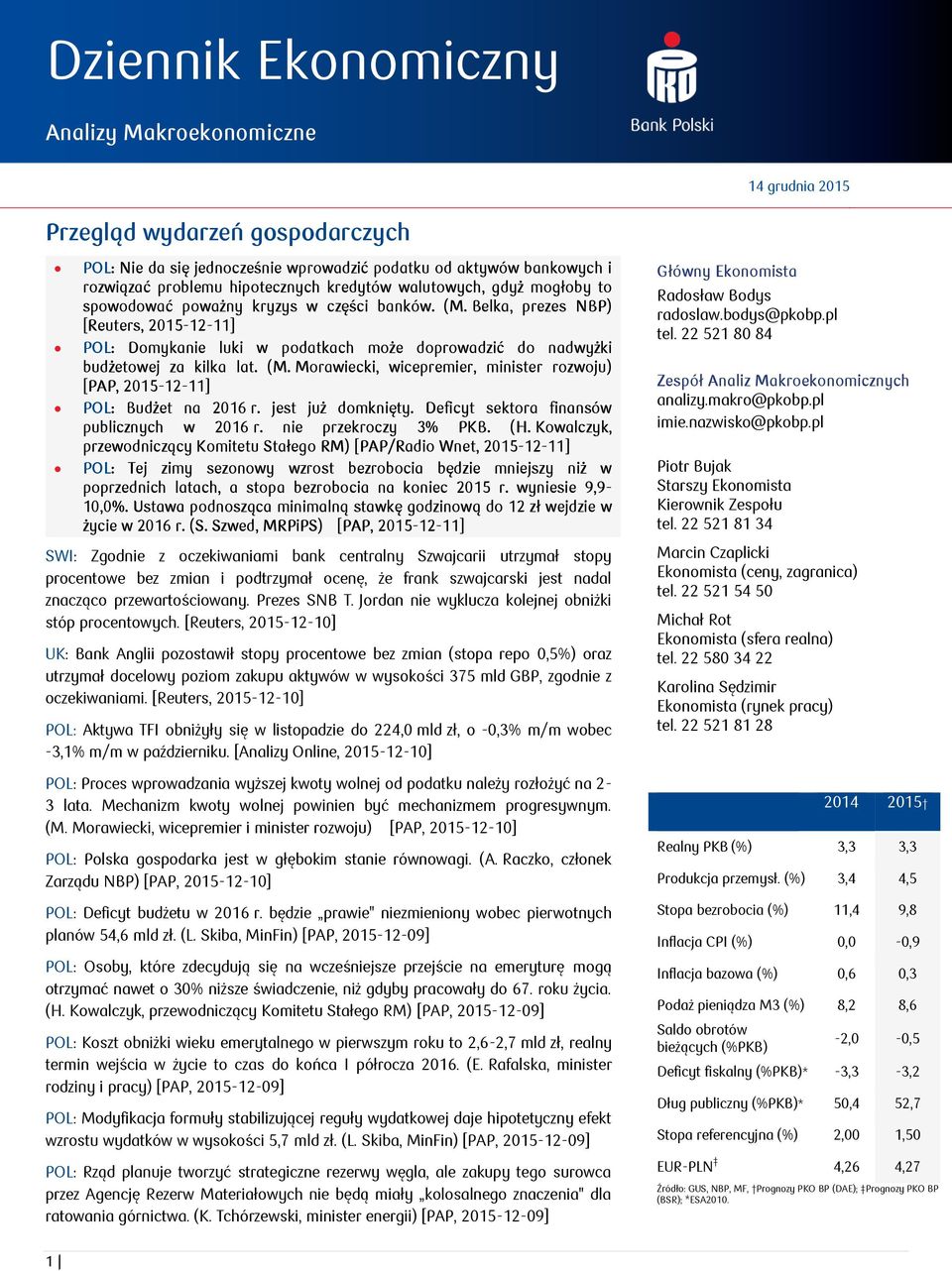 Belka, prezes NBP) [Reuters, 2015-12-11] POL: Domykanie luki w podatkach może doprowadzić do nadwyżki budżetowej za kilka lat. (M.