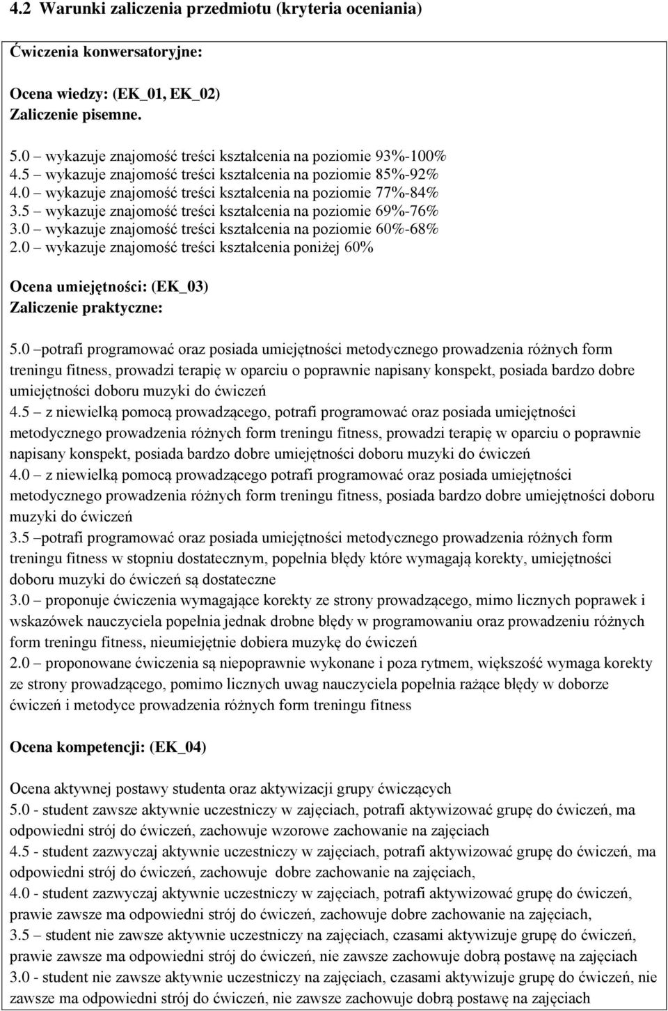 0 wykazuje znajomość treści kształcenia na poziomie 60%-68% 2.0 wykazuje znajomość treści kształcenia poniżej 60% Ocena umiejętności: (EK_03) Zaliczenie praktyczne: 5.