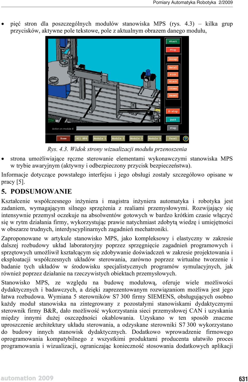 Widok strony wizualizacji modu u przenoszenia strona umo liwiaj ce r czne sterowanie elementami wykonawczymi stanowiska MPS w trybie awaryjnym (aktywny i odbezpieczony przycisk bezpiecze stwa).