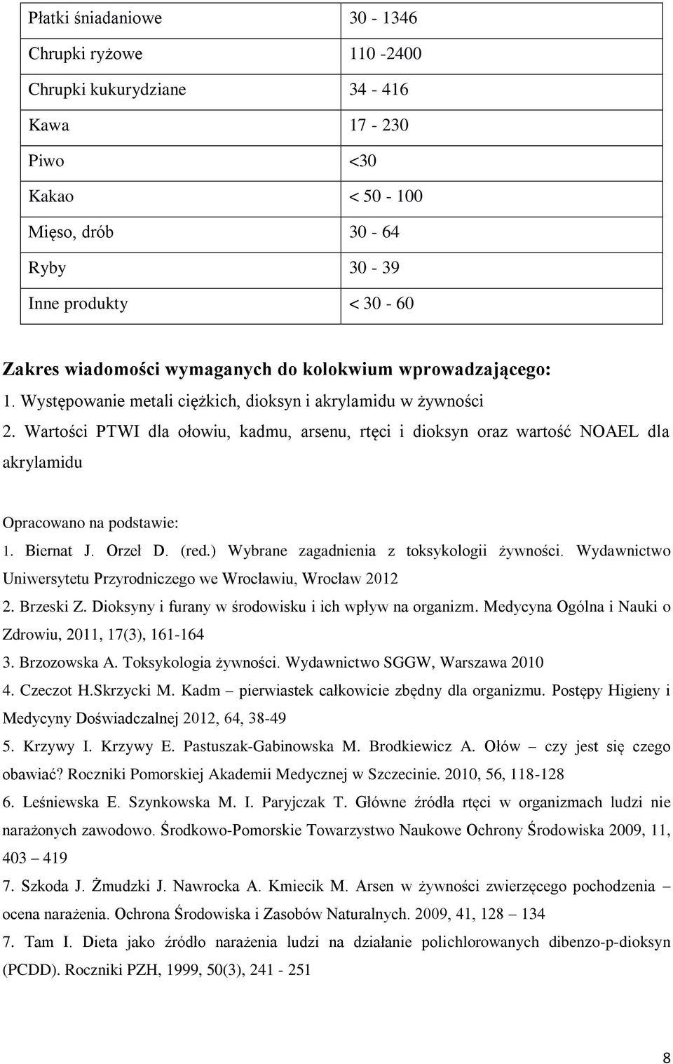 Wartości PTWI dla ołowiu, kadmu, arsenu, rtęci i dioksyn oraz wartość NOAEL dla akrylamidu Opracowano na podstawie: 1. Biernat J. Orzeł D. (red.) Wybrane zagadnienia z toksykologii żywności.