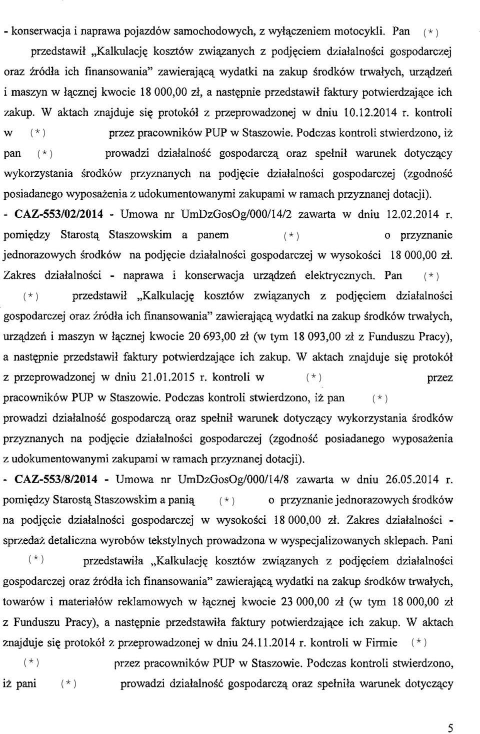 18 000,00 zł, a następnie przedstawił faktury potwierdzające ich zakup. W aktach znajduje się protokół z przeprowadzonej w dniu 10.12.2014 r, kontroli w (*) przez pracowników PUP w Staszowie.