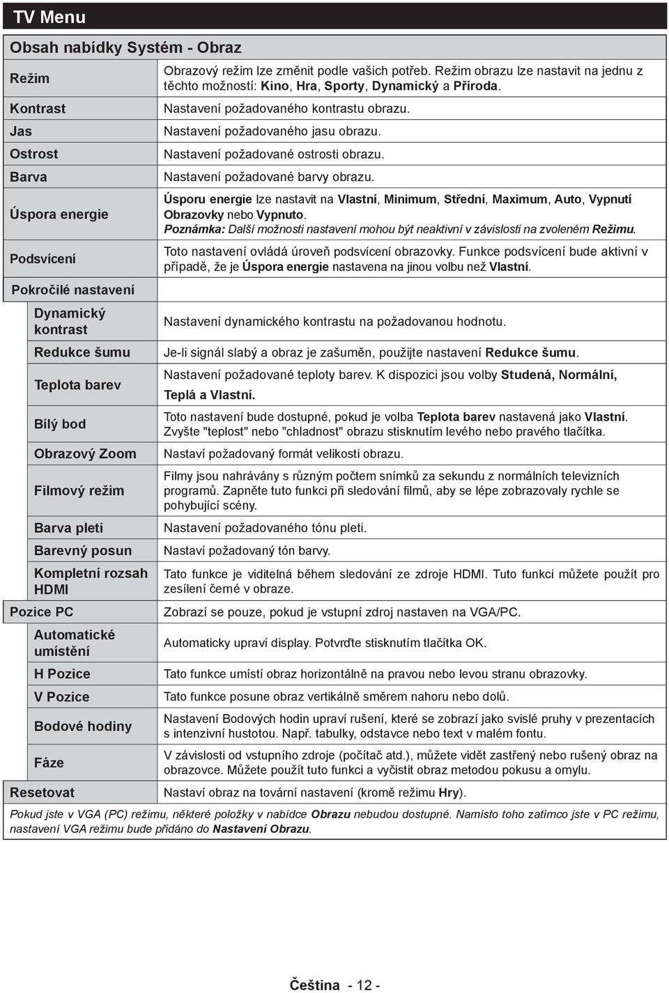 Režim obrazu lze nastavit na jednu z těchto možností: Kino, Hra, Sporty, Dynamický a Příroda. Nastavení požadovaného kontrastu obrazu. Nastavení požadovaného jasu obrazu.