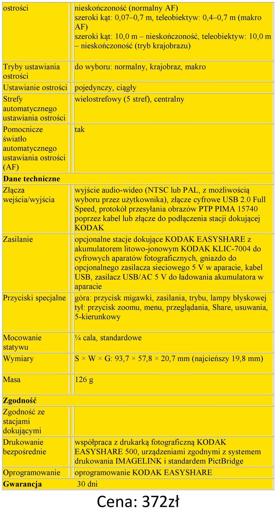 automatycznego ustawiania ostrości (AF) Dane techniczne Złącza wejścia/wyjścia Zasilanie Przyciski specjalne wyjście audio-wideo (NTSC lub PAL, z możliwością wyboru przez użytkownika), złącze cyfrowe