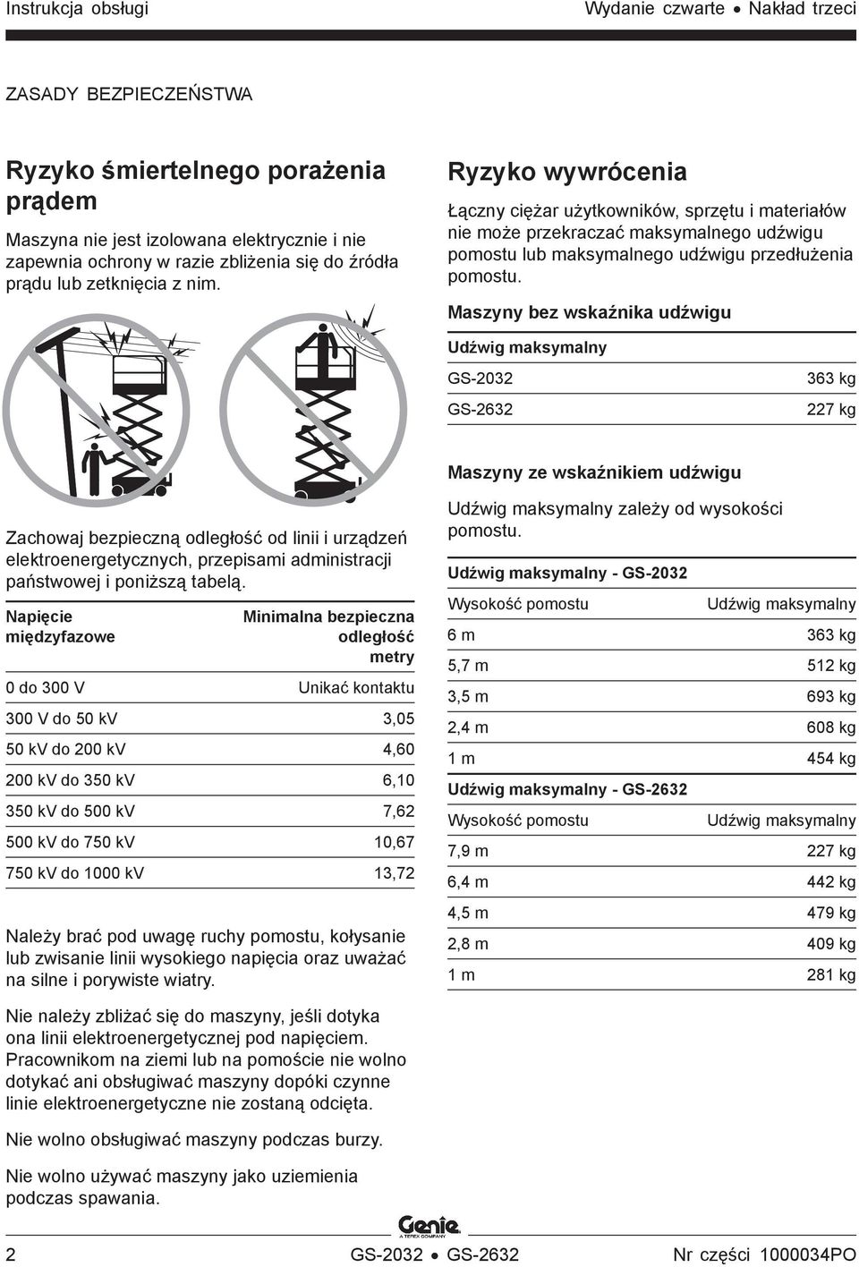 Maszyny bez wskaźnika udźwigu Udźwig maksymalny GS-2032 GS-2632 363 kg 227 kg Maszyny ze wskaźnikiem udźwigu Zachowaj bezpieczną odległość od linii i urządzeń elektroenergetycznych, przepisami