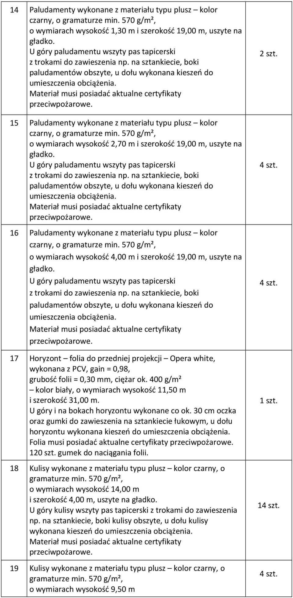 wykonana z PCV, gain = 0,98, grubość folii = 0,30 mm, ciężar ok. 400 g/m² kolor biały, o wymiarach wysokość 11,50 m i szerokość 31,00 m. U góry i na bokach horyzontu wykonane co ok.