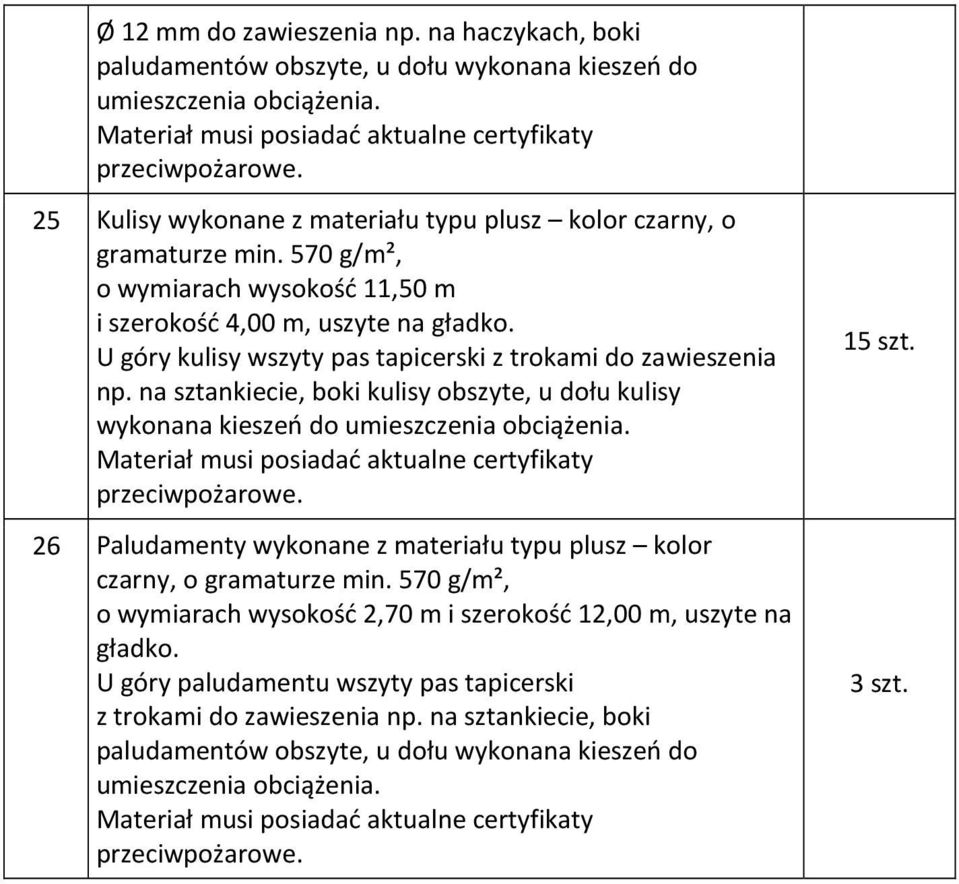 o wymiarach wysokość 11,50 m i szerokość 4,00 m, uszyte na wykonana kieszeń