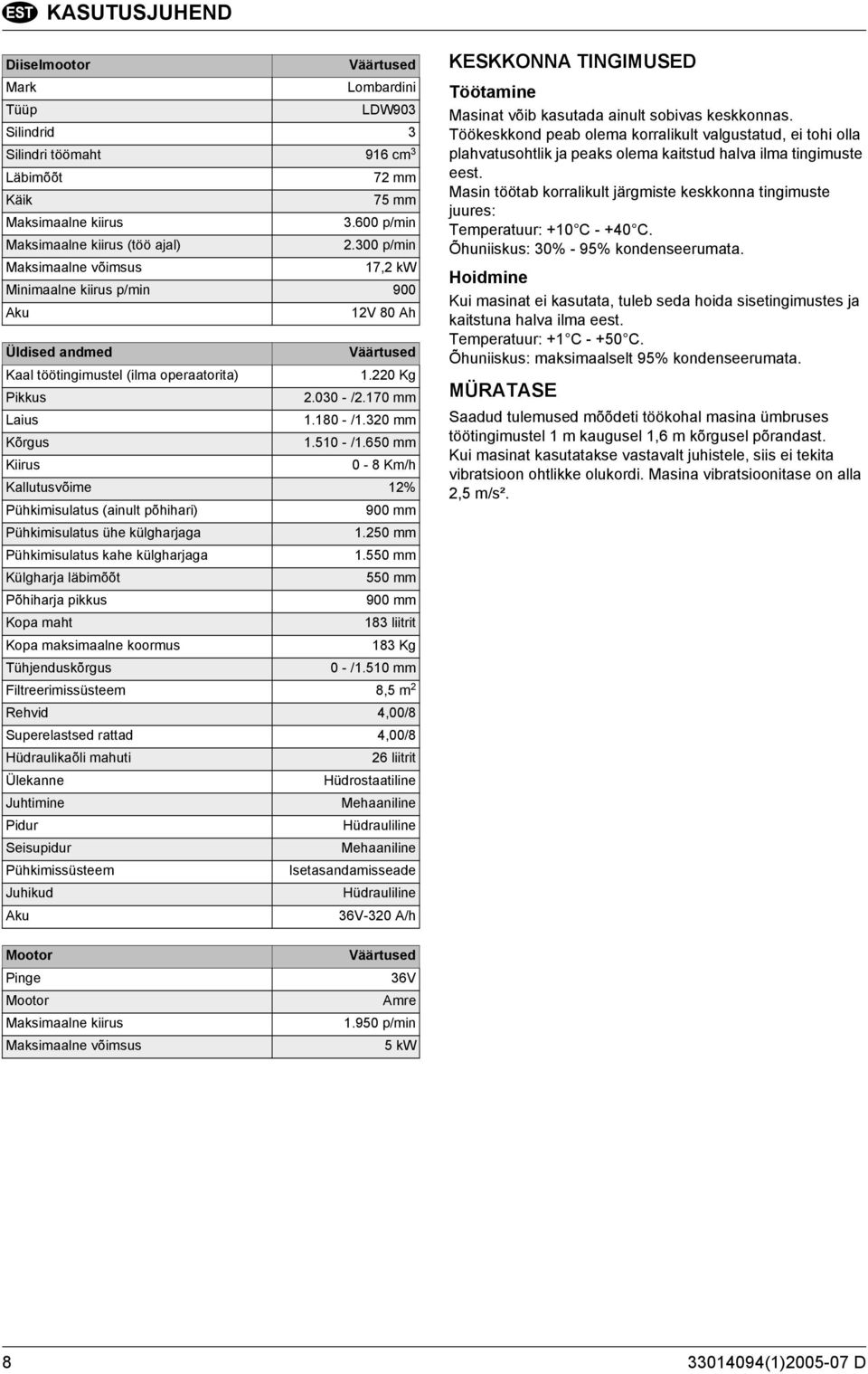 320 mm Kõrgus 1.510 - /1.650 mm Kiirus 0-8 Km/h Kallutusvõime 12% Pühkimisulatus (ainult põhihari) 900 mm Pühkimisulatus ühe külgharjaga 1.250 mm Pühkimisulatus kahe külgharjaga 1.