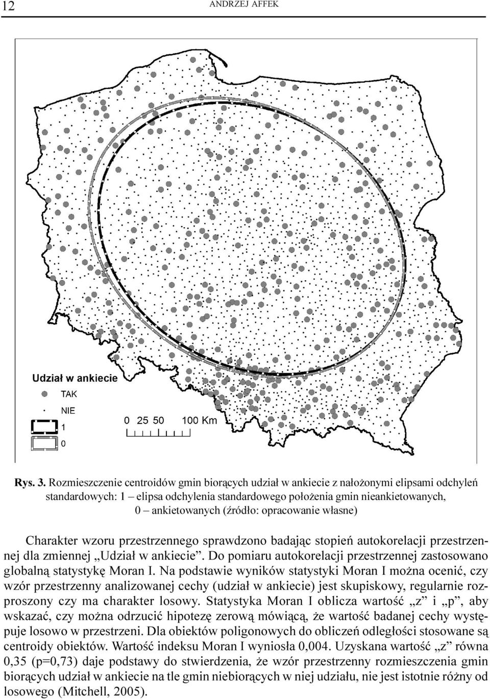 opracowanie w³asne) Charakter wzoru przestrzennego sprawdzono badaj¹c stopieñ autokorelacji przestrzennej dla zmiennej Udzia³ w ankiecie.