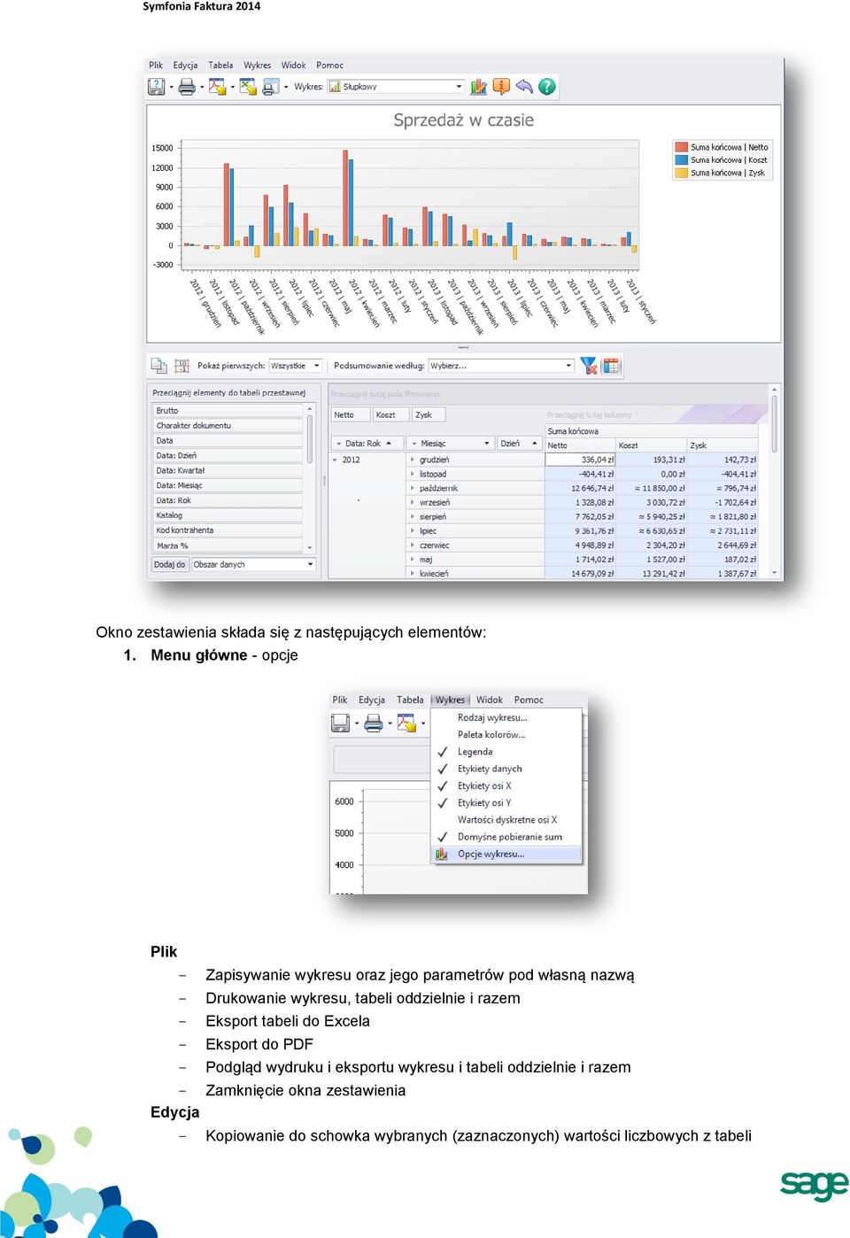 wykresu, tabeli oddzielnie i razem Eksport tabeli do Excela Eksport do PDF Podgląd wydruku i