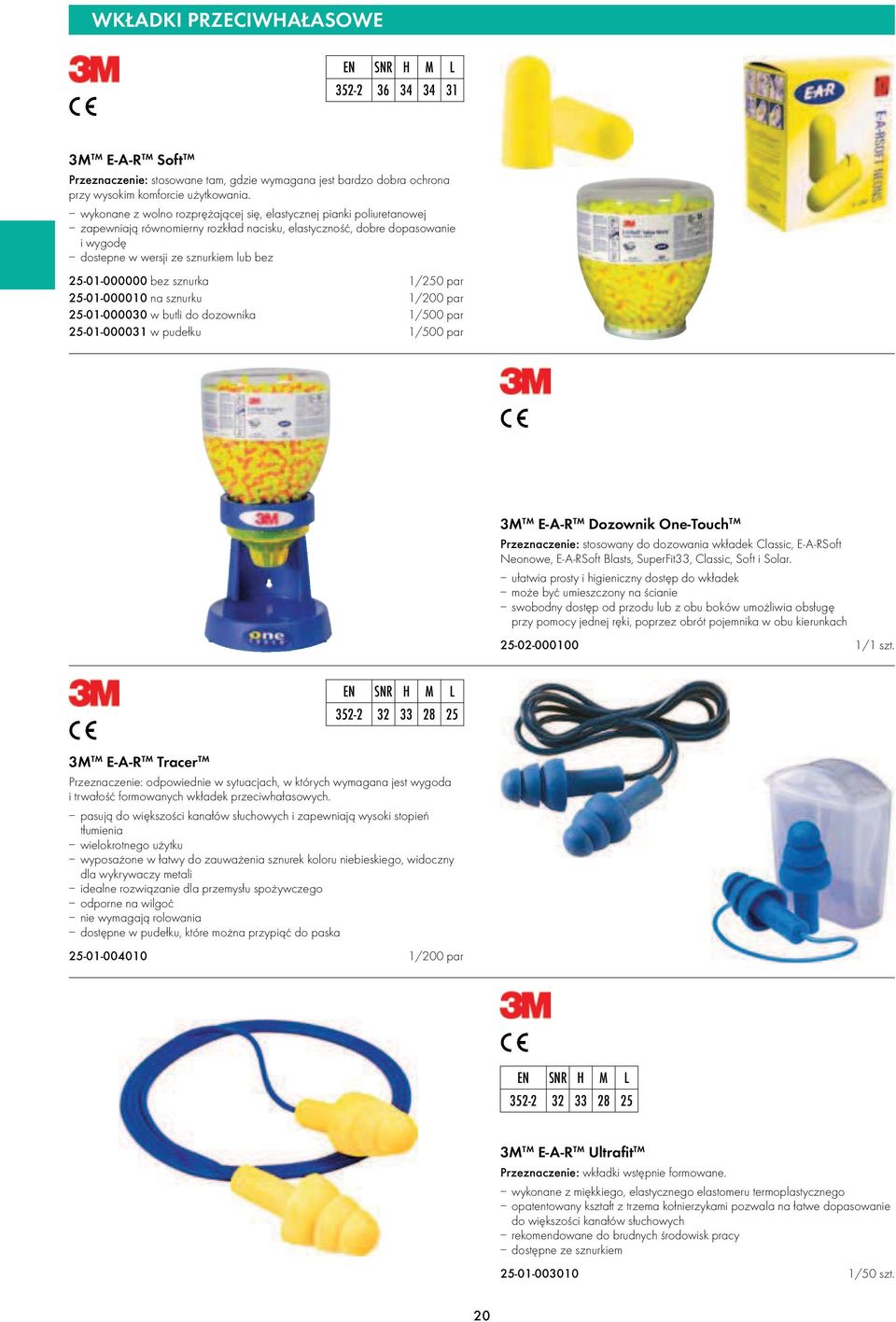 25-01-000000 bez sznurka 1/250 par 25-01-000010 na sznurku 1/200 par 25-01-000030 w butli do dozownika 1/500 par 25-01-000031 w pudełku 1/500 par 3M TM E-A-R TM Dozownik One-Touch TM Przeznaczenie: