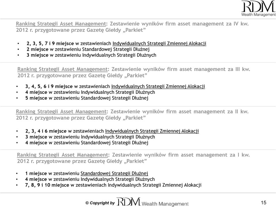 zestawieniu Indywidualnych Strategii Dłużnych Ranking Strategii Asset Management: Zestawienie wyników firm asset management za III kw. 2012 r.