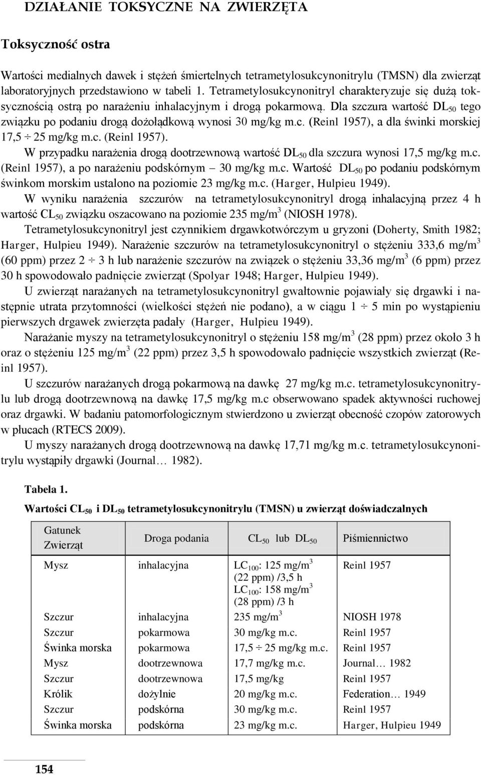 c. (Reinl 1957), a dla świnki morskiej 17,5 25 mg/kg m.c. (Reinl 1957). W przypadku narażenia drogą dootrzewnową wartość DL 50 dla szczura wynosi 17,5 mg/kg m.c. (Reinl 1957), a po narażeniu podskórnym 30 mg/kg m.