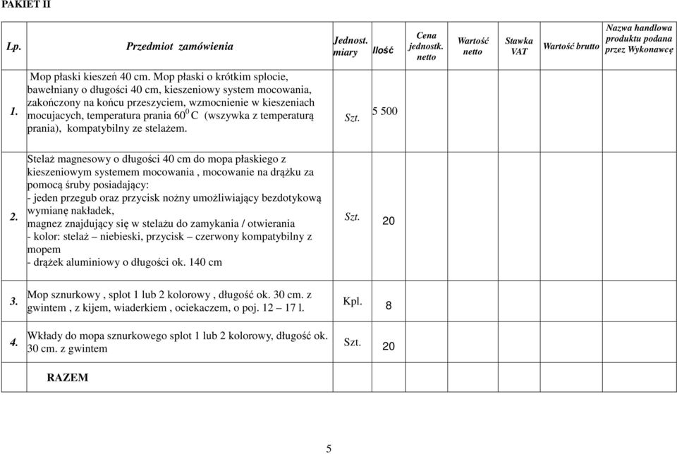 temperaturą prania), kompatybilny ze stelażem. Szt. 5 500 2.