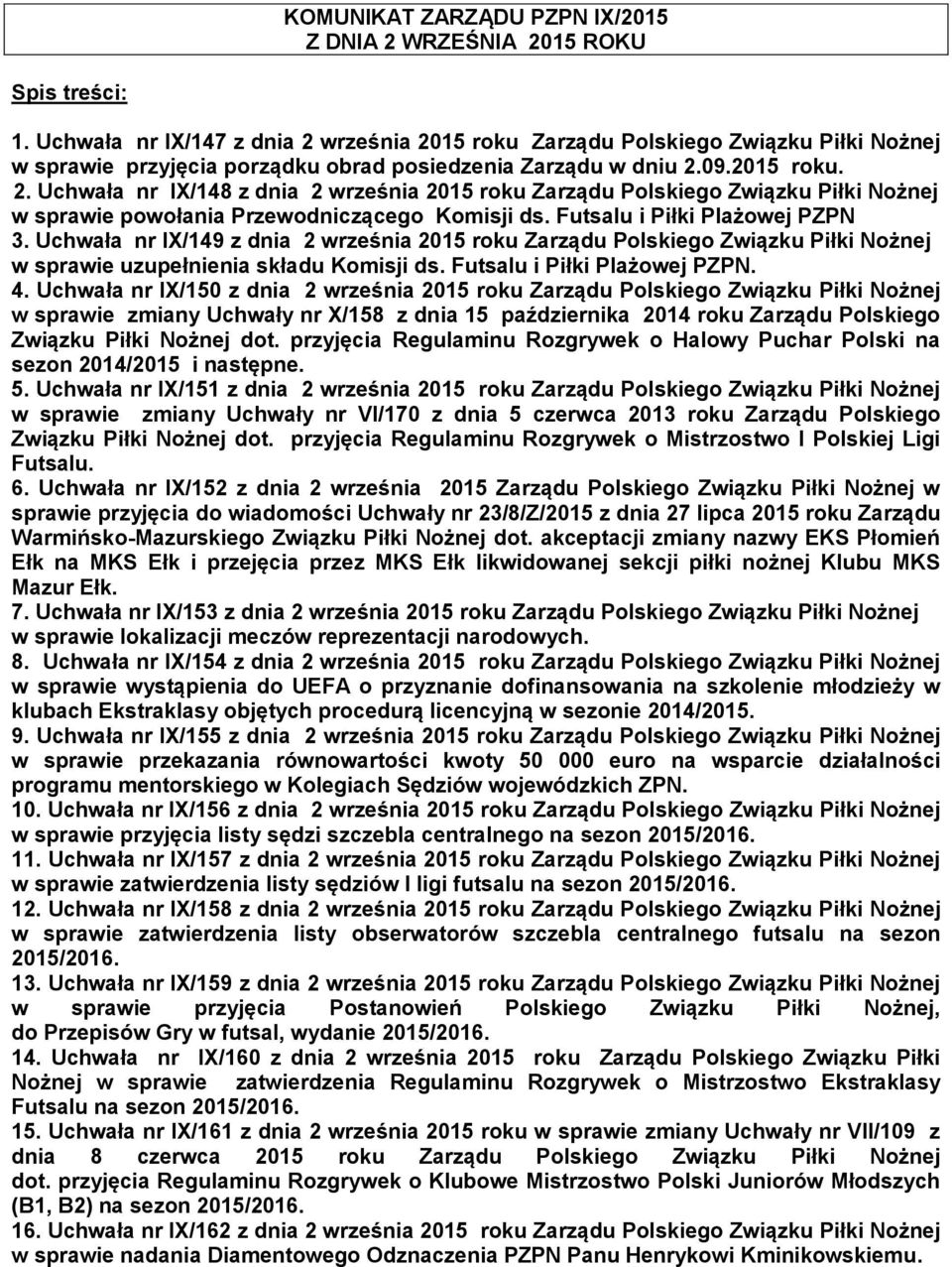 Futsalu i Piłki Plażowej PZPN 3. Uchwała nr IX/149 z dnia 2 września 2015 roku Zarządu Polskiego Związku Piłki Nożnej w sprawie uzupełnienia składu Komisji ds. Futsalu i Piłki Plażowej PZPN. 4.