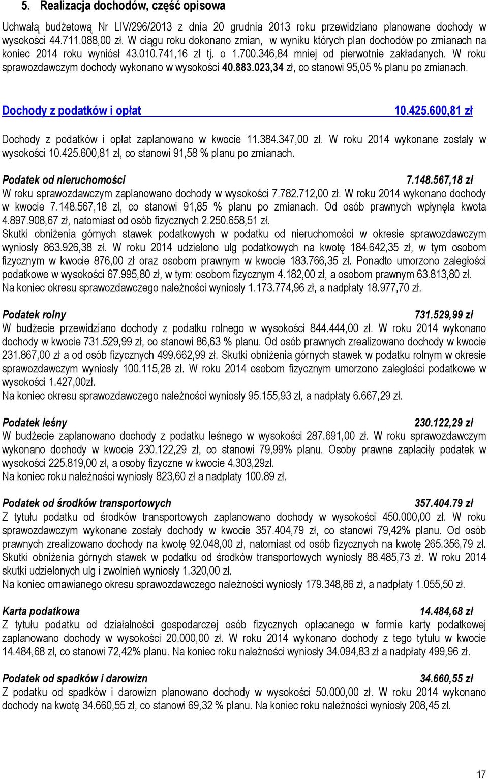 W roku sprawozdawczym dochody wykonano w wysokości 40.883.023,34 zł, co stanowi 95,05 % planu po zmianach. Dochody z podatków i opłat 10.425.