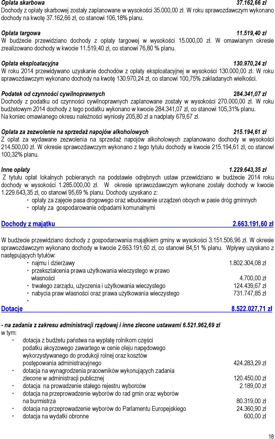 Opłata eksploatacyjna 130.970,24 zł W roku 2014 przewidywano uzyskanie dochodów z opłaty eksploatacyjnej w wysokości 130.000,00 zł. W roku sprawozdawczym wykonano dochody na kwotę 130.