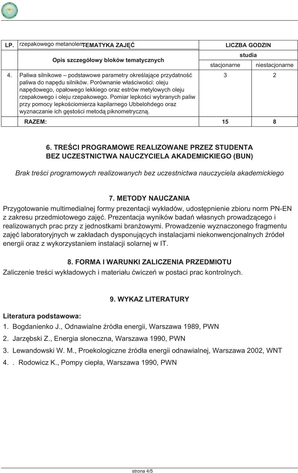 Pomiar lepkości wybranych paliw przy pomocy lepkościomierza kapilarnego Ubbelohdego oraz wyznaczanie ich gęstości metodą piknometryczną. 3 2 RAZEM: 15 8 6.