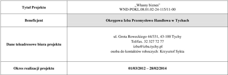 teleadresowe biura projektu ul. Grota Roweckiego 44/331, 43-100 Tychy Tel/fax.