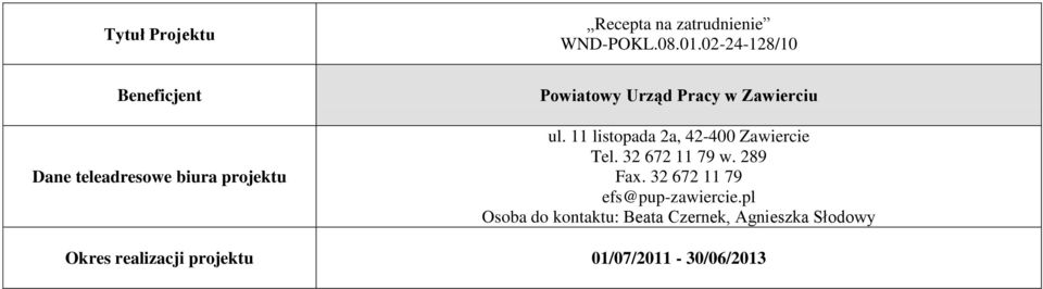 Zawierciu ul. 11 listopada 2a, 42-400 Zawiercie Tel. 32 672 11 79 w. 289 Fax.