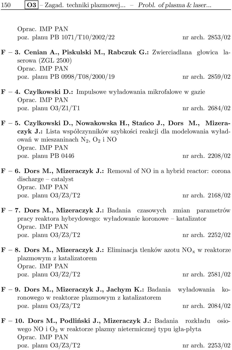 , Mizeraczyk J.: Lista współczynników szybkości reakcji dla modelowania wyładowań w mieszaninach N 2, O 2 i NO poz. planu PB 0446 nr arch. 2208/02 F 6. Dors M., Mizeraczyk J.: Removal of NO in a hybrid reactor: corona discharge catalyst poz.