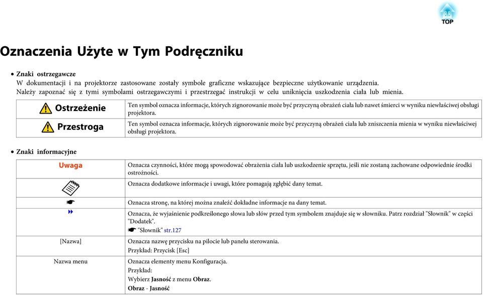 Ostrzeżenie Przestrog Ten symbol ozncz informcje, których zignorownie może być przyczyną obrżeń cił lub nwet śmierci w wyniku niewłściwej obsługi projektor.