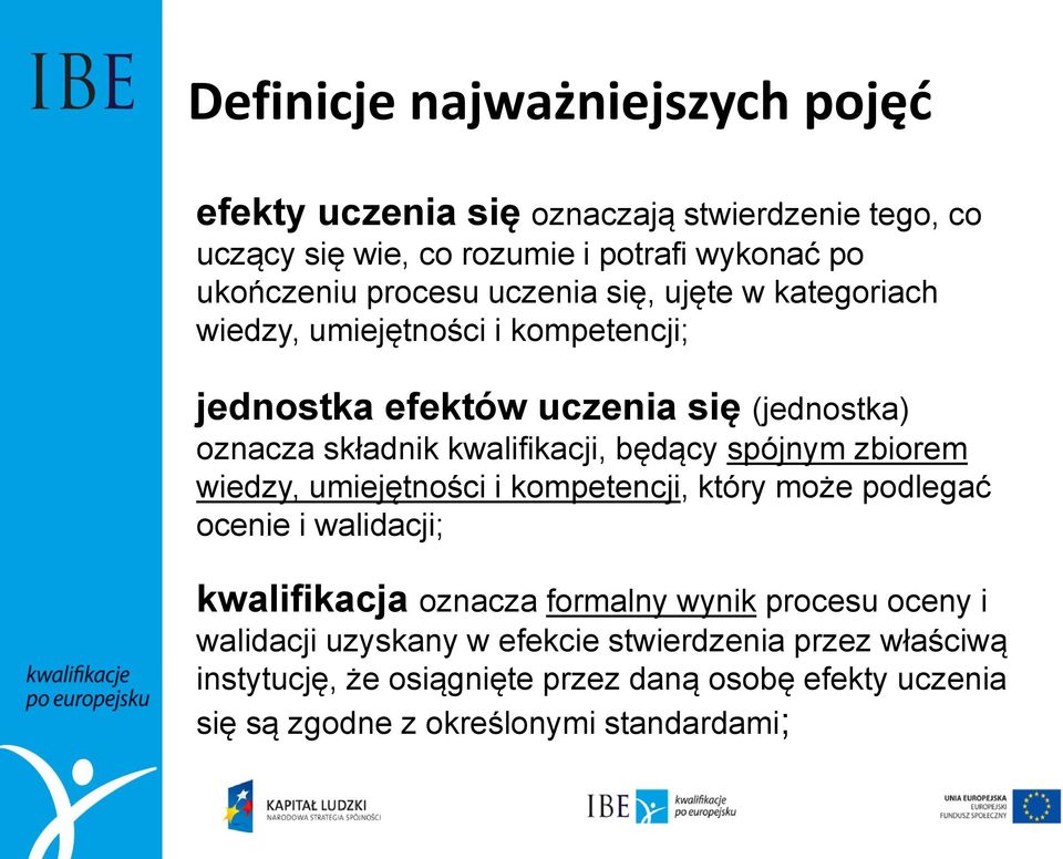 spójnym zbiorem wiedzy, umiejętności i kompetencji, który może podlegać ocenie i walidacji; kwalifikacja oznacza formalny wynik procesu oceny i