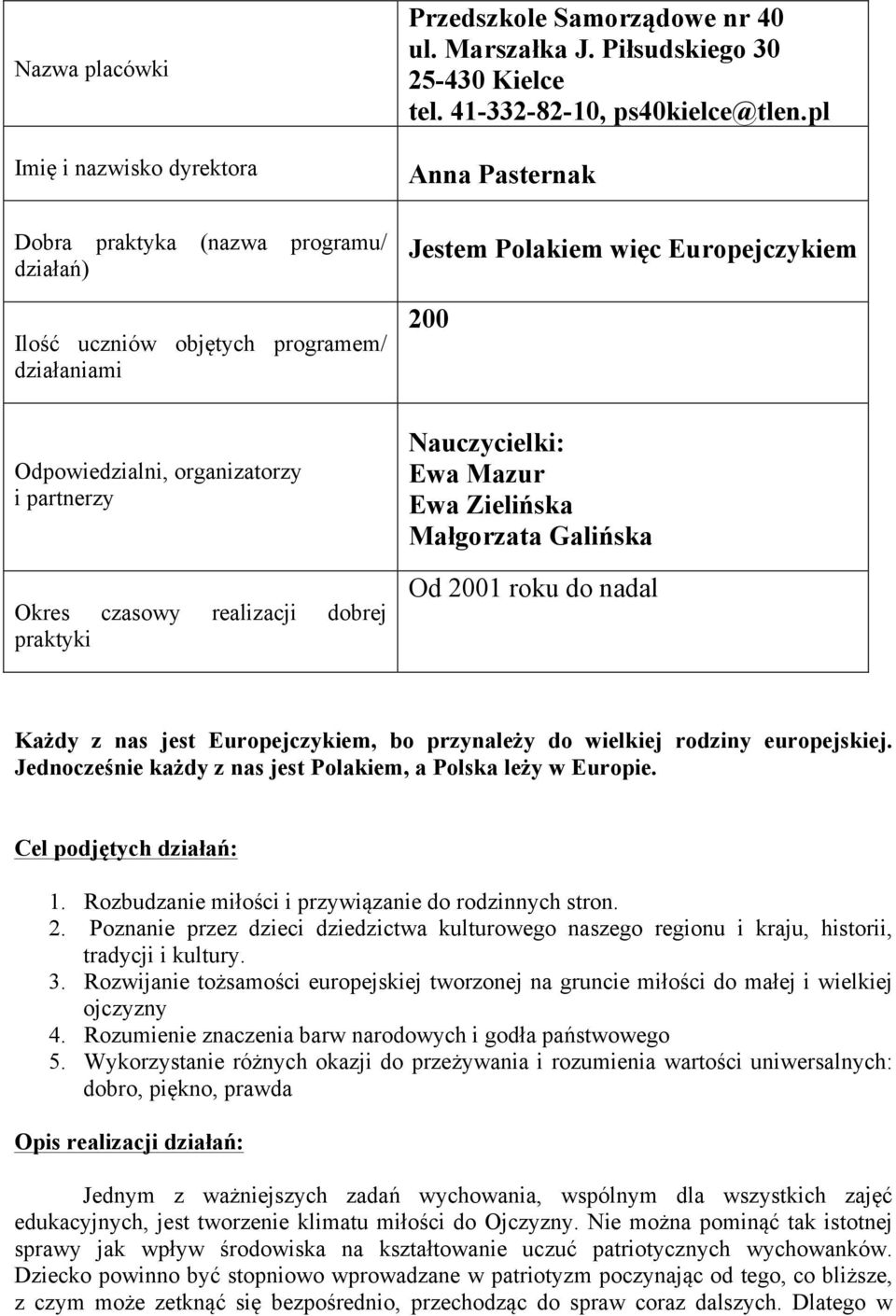 pl Anna Pasternak Jestem Polakiem więc Europejczykiem 200 Odpowiedzialni, organizatorzy i partnerzy Okres czasowy realizacji dobrej praktyki Nauczycielki: Ewa Mazur Ewa Zielińska Małgorzata Galińska